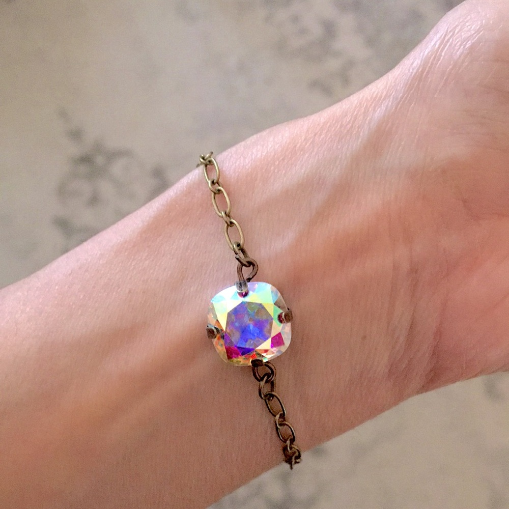 Aurora Borealis Cushion Cut Antique Brass Crystal Bracelet - Picture 4 of 11